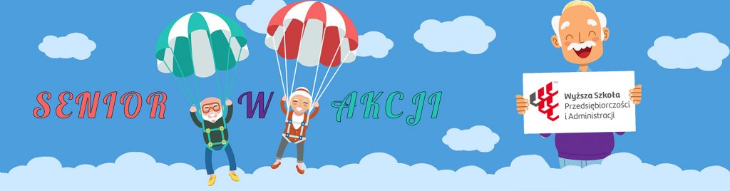 Ilustracja do projektu Senior w Akcji. Dwoje seniorów, kobieta i mężczyzna na spadochronach, logo WSPA trzyma w ręku uśmiechnięty senior po prawejstronie.
