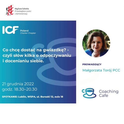 Coaching Cafe - plakat informujący o spotkaniu z Małgorzatą Torój PCC