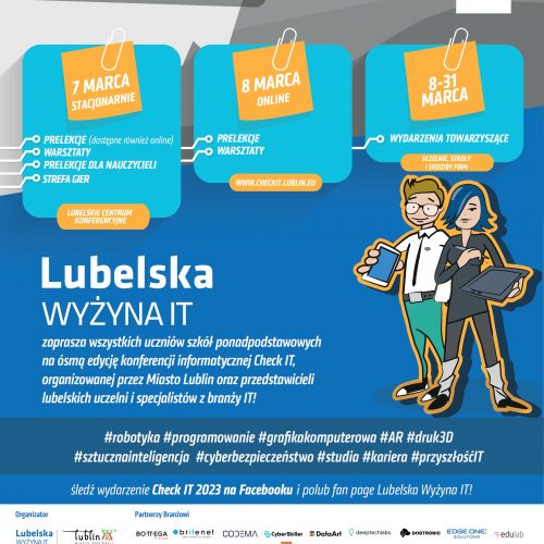 zaproszenie dla uczniów szkół ponadpodstawowych - plakat zapraszajacy na Check IT 2023
