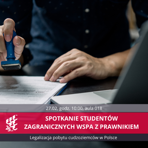 dłoń z pieczątką nad dokumentami - komunikat o spotkaniu studentów z prawnikiem
