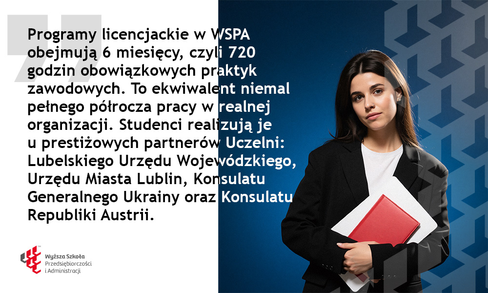 Studentka WSPA z dokumentami oraz informacją o 720 godzinach obowiązkowych praktyk zawodowych
