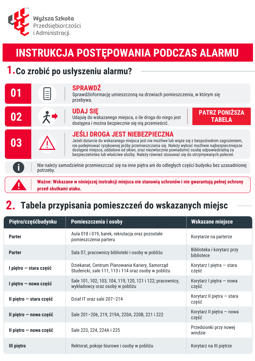 Instrukcja postępowania podczas alarmu w budynku WSPA. Zasady bezpiecznego przemieszczania się i wykaz wskazanych miejsc. Pełna treść instrukcji znajduje się poniżej grafiki
